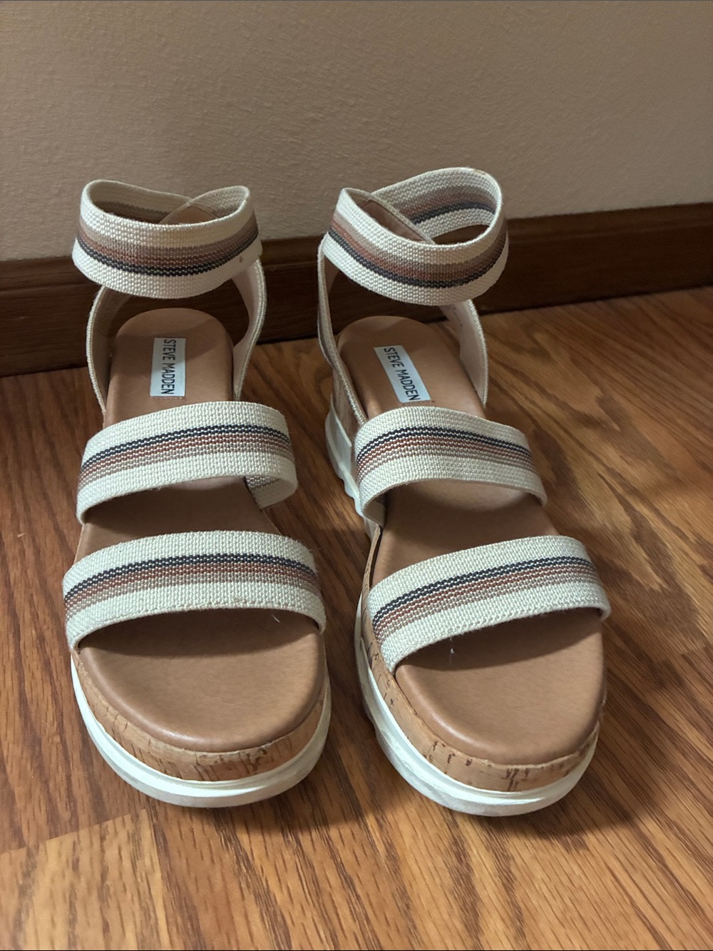 Steve Madden Cream and Tan Striped Platform Sandals